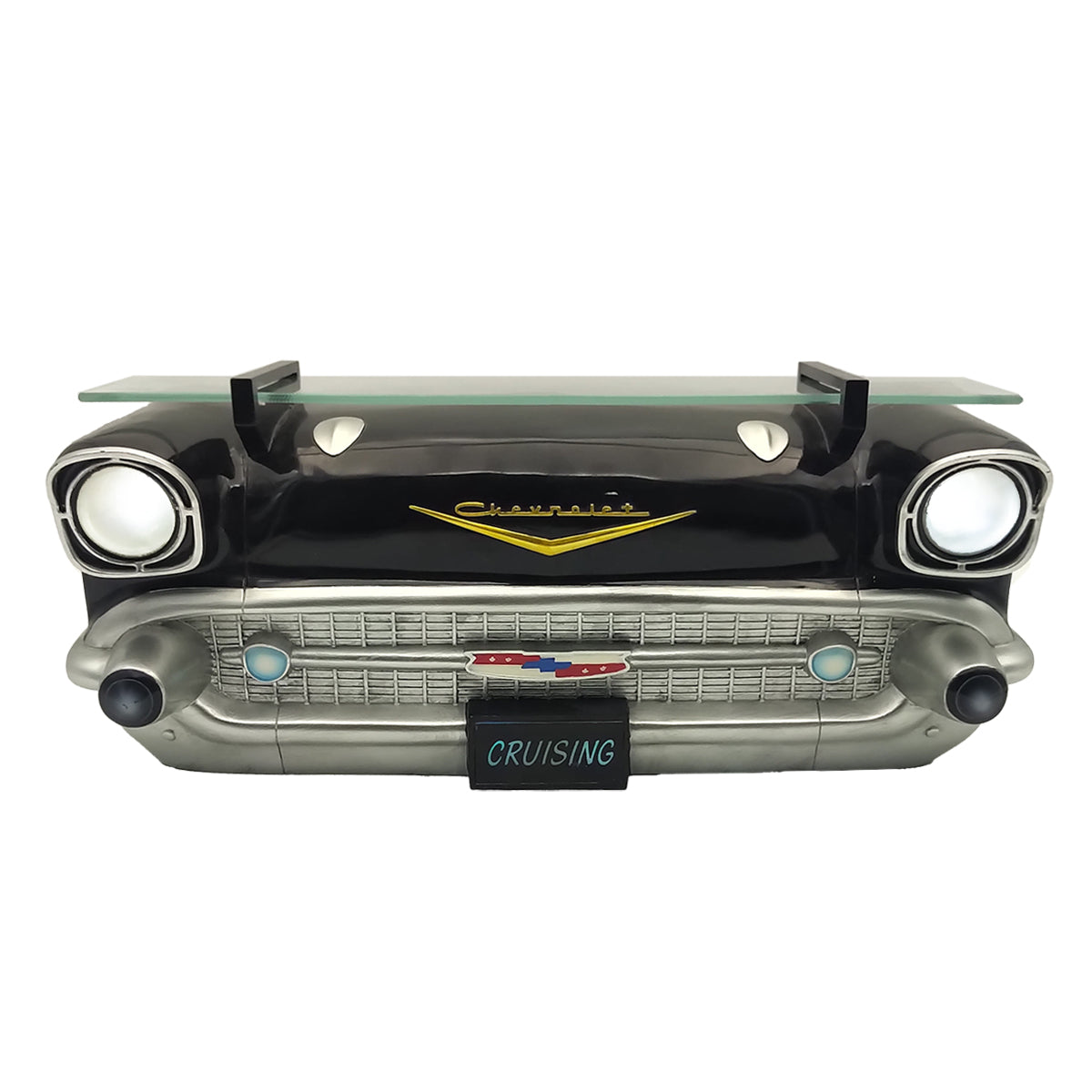 1957 Chevrolet Bel Air Wall Shelf, Floating Shelf, Tempered Glass, Black, 20x6.1x8 inches, Functional LED Headlights, Battery Operated