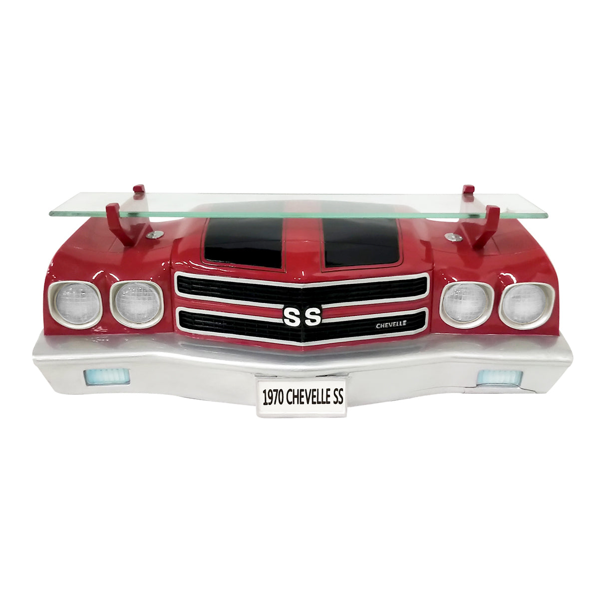 1970 Chevy Chevelle SS Floating Wall Shelf, Red with Black Stripes, LED Headlights, 19.5 x 6.7 x 6.7 inches, Tempered Glass, Classic Car Decor, Man Cave, Gifts for Car Enthusiasts