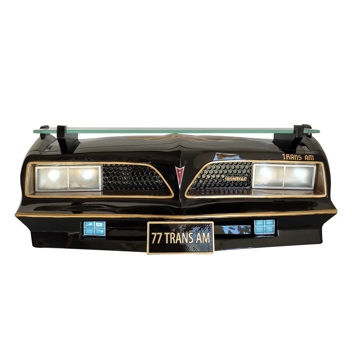 1977 SE Pontiac Trans AM Wall Floating Shelf, Black and Golds, 19x7.1x7.2 inches, Tempered Glass, Battery Powered LED Headlights, Car Enthusiast Gift, Classic Car Decor, Pontiac Collector