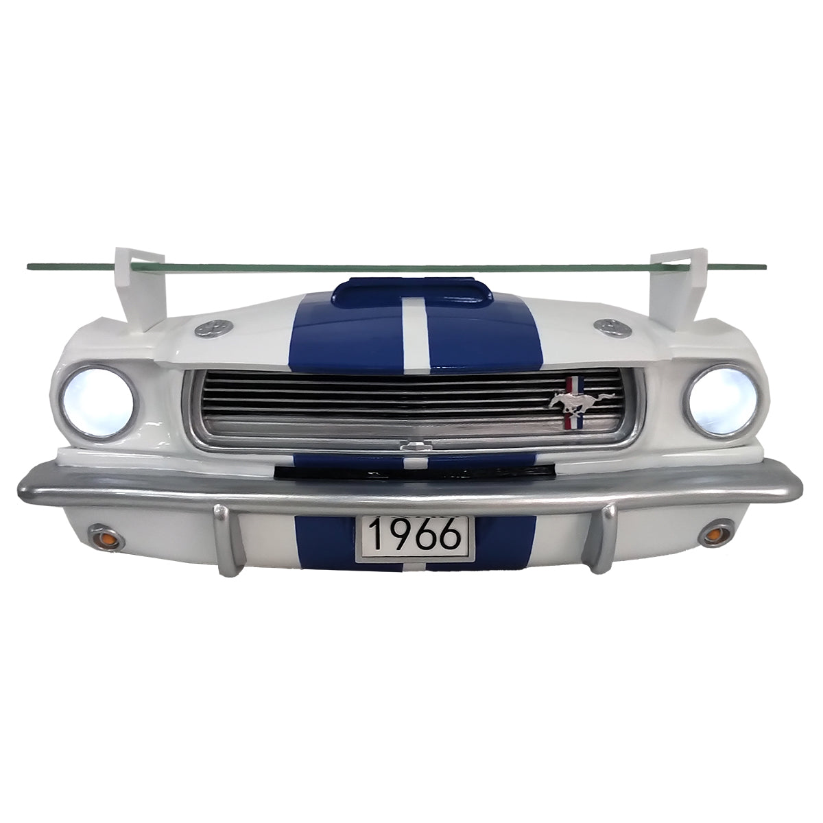 1966 Carroll Shelby GT350 Floating Shelf, White with Blue Stripes, 19.7x5.9x7.9 inches, Tempered Glass, LED Headlights