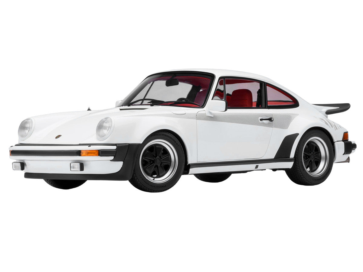 Porsche 911 Turbo 3.0 (930) Grand Prix White with Turbo Stripes and Red Interior 1/18 Model Car