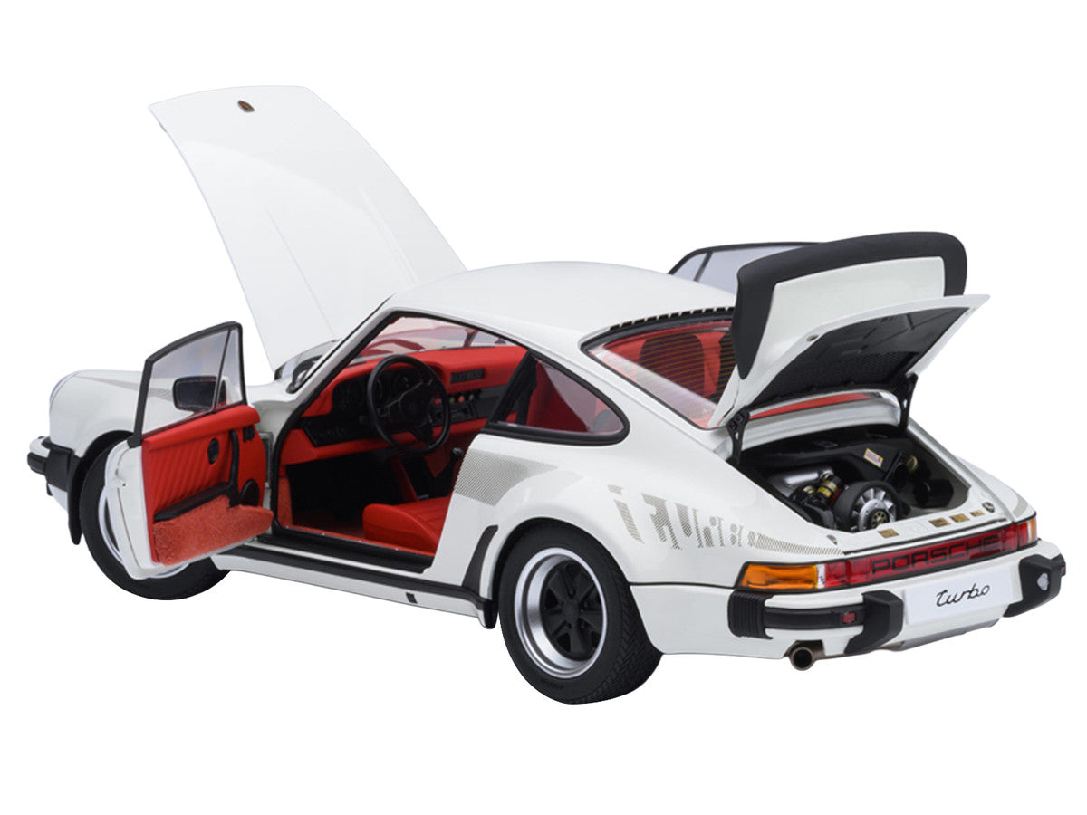 Porsche 911 Turbo 3.0 (930) Grand Prix White with Turbo Stripes and Red Interior 1/18 Model Car
