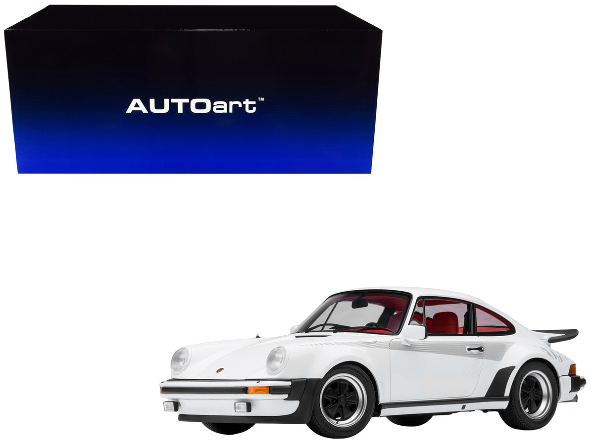 Porsche 911 Turbo 3.0 (930) Grand Prix White with Turbo Stripes and Red Interior 1/18 Model Car