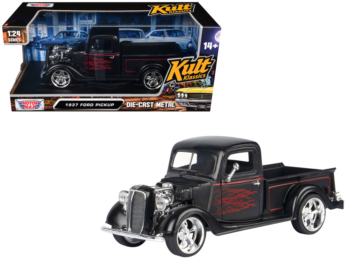 1937 Ford Pickup Truck Matt Black with Red Flame Graphics "Kult Klassics" Series 1/24 Diecast Model Car