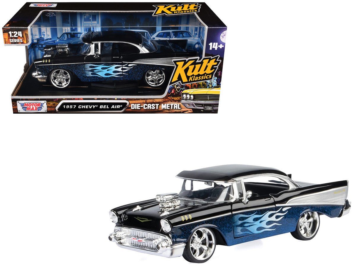 1957 Chevrolet Bel Air Black with Blue Flame Graphics "Kult Klassics" Series 1/24 Diecast Model Car