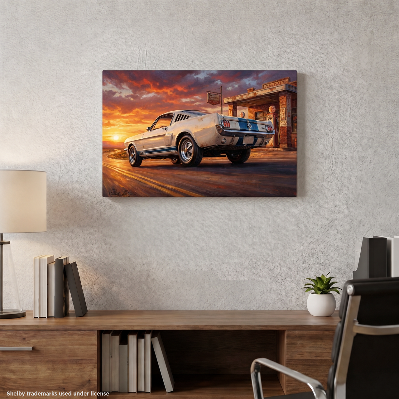 Carroll Shelby White GT350 Sports Coupe Rearview Distressed Sunset Gas Station Canvas Wall Art