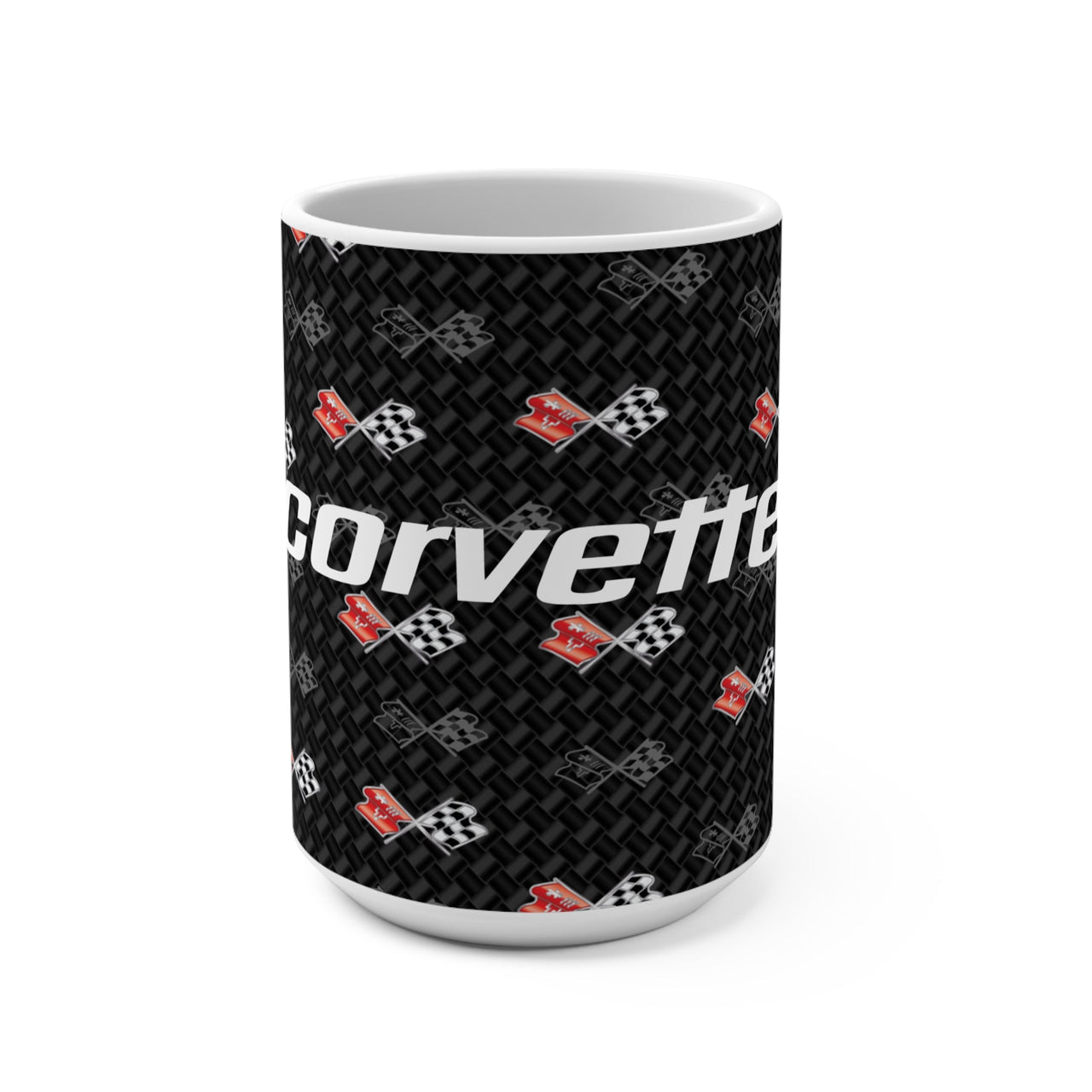 Corvette C3 15oz Ceramic Mug – Corvette Script & C3 Logos on Carbon Background, Perfect Corvette Fan Gift