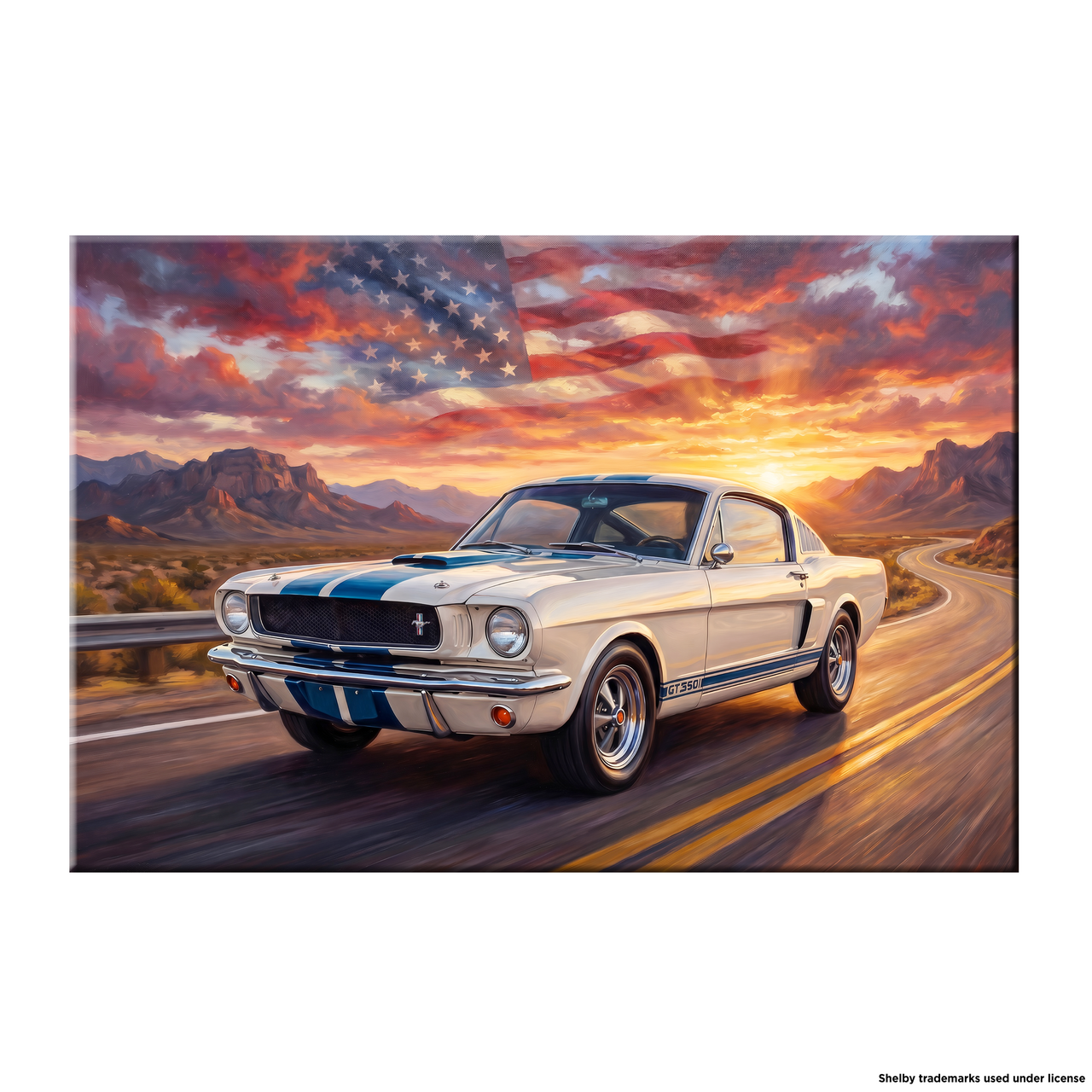 Carroll Shelby White GT350 Sports Coupe Sunset Desert Highway American Flag Canvas Wall Art