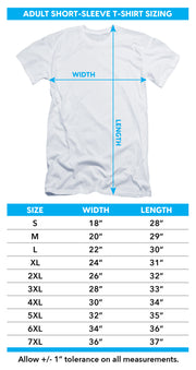 Adult short sleeve t-shirt size chart