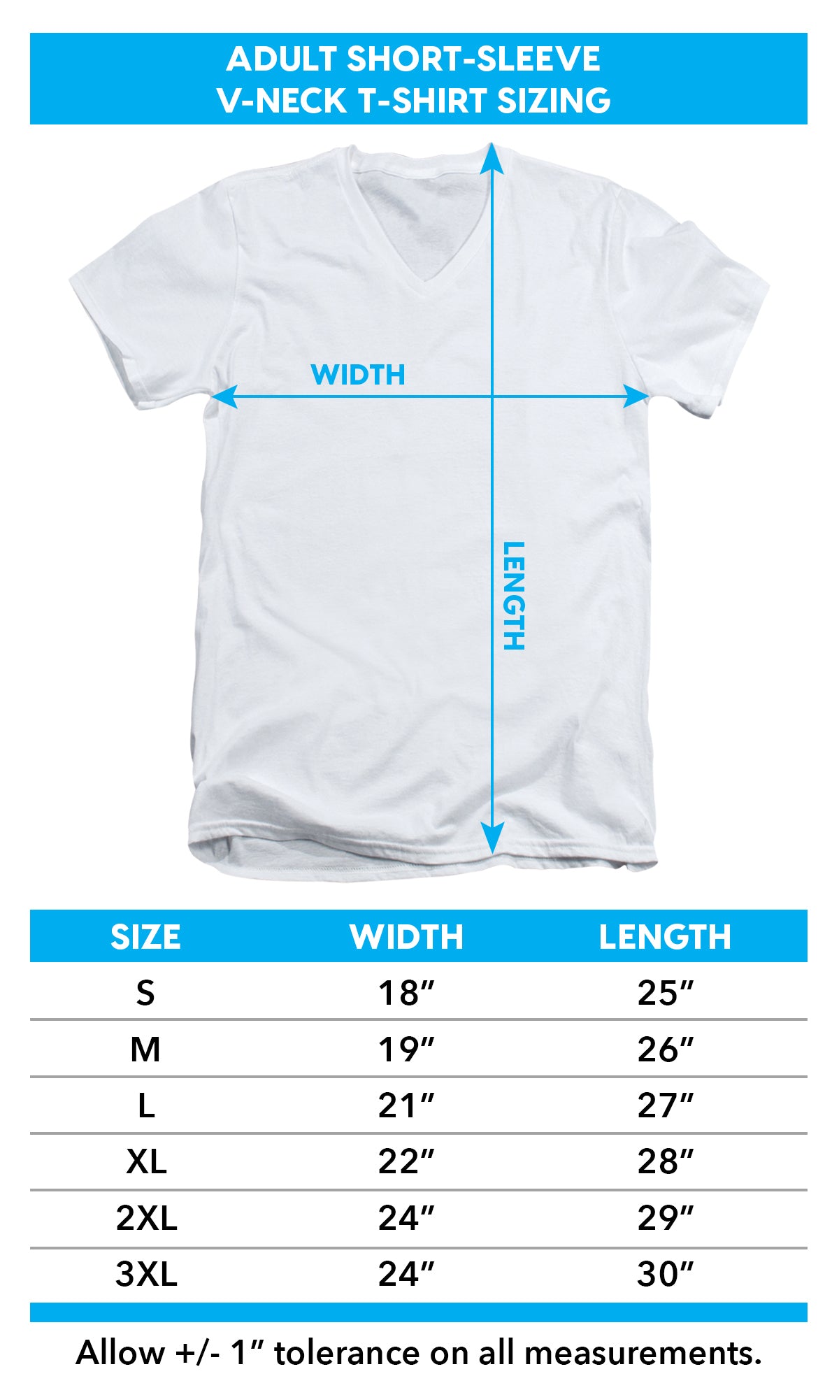 Adult v-neck t-shirt size chart