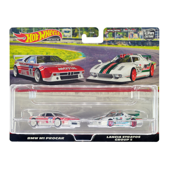 bmw-m1-procar-8-white-with-red-stripes-and-lancia-stratos-group-5-829-white-with-stripes-car-culture-set-of-2-cars-diecast-model-cars-by-hot-wheels