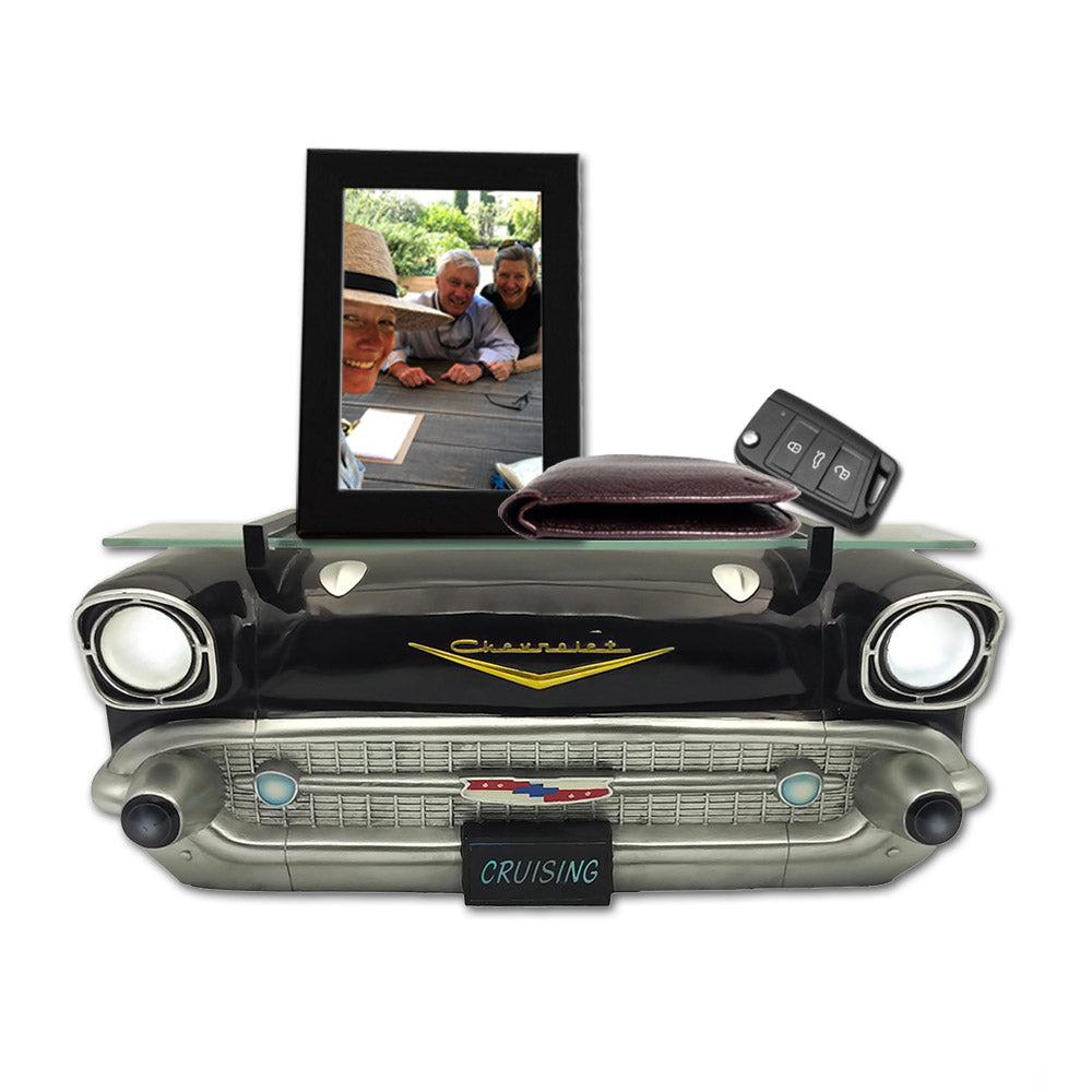 1957 Chevrolet Bel Air Wall Shelf, Floating Shelf, Tempered Glass, Black, 20x6.1x8 inches, Functional LED Headlights, Battery Operated