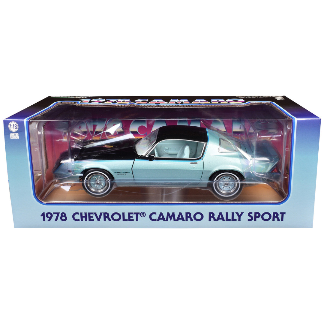 1978 Chevrolet Camaro Rally Sport Light Blue Metallic and Black with Blue Interior 1/18 Diecast Model Car