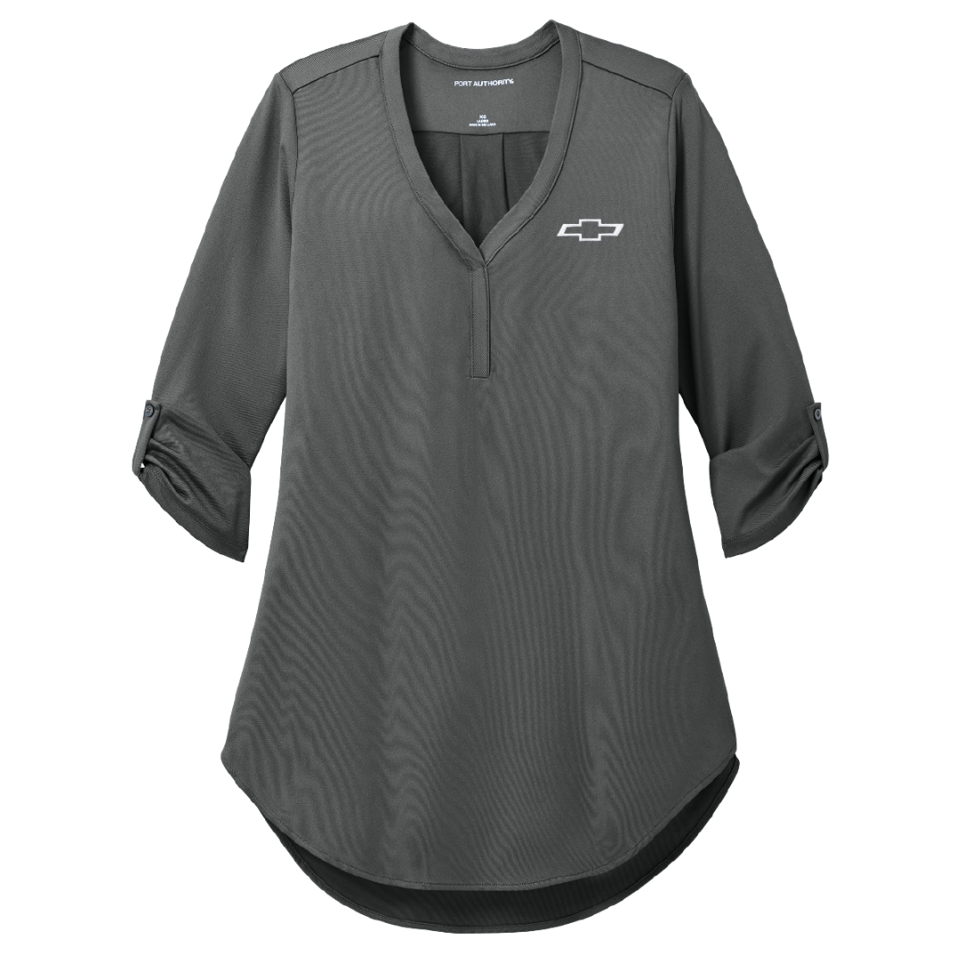 ladies-chevy-bowtie-city-stretch-3-4-sleeve-tunic-black-graphite-or-lavendar