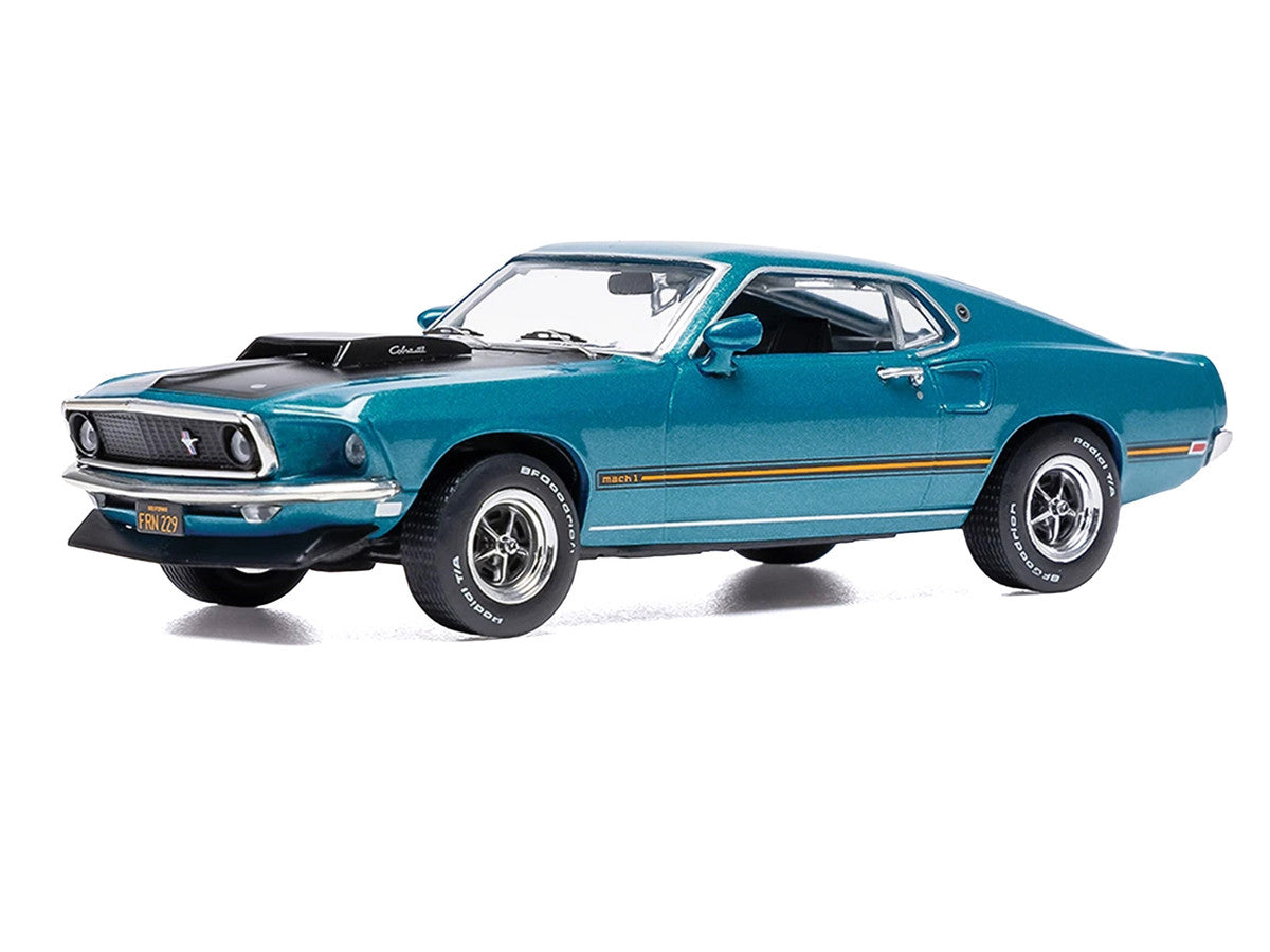 1969 Ford Mustang Mach 1 Blue Metallic with Matt Black Hood and Yellow Stripes 1/43 Diecast Model Car