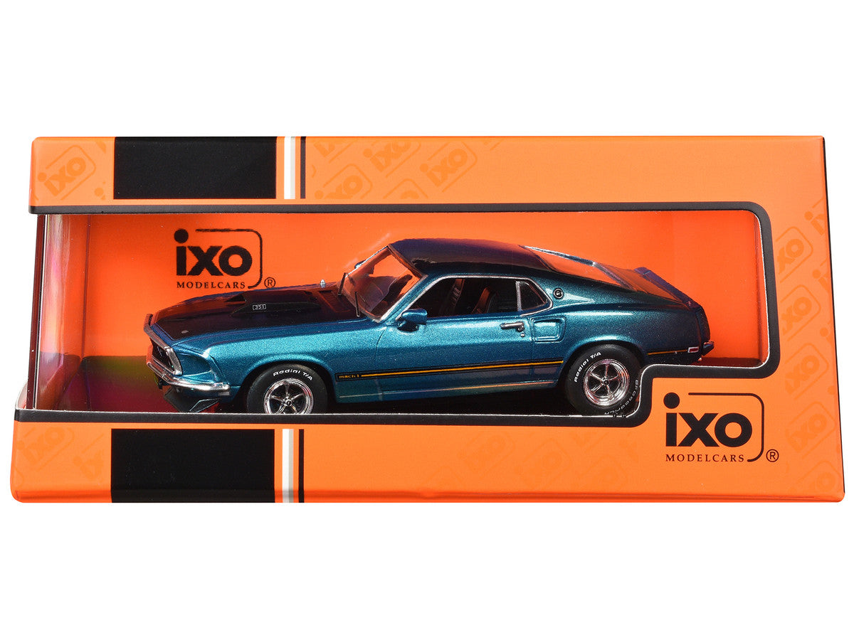 1969 Ford Mustang Mach 1 Blue Metallic with Matt Black Hood and Yellow Stripes 1/43 Diecast Model Car