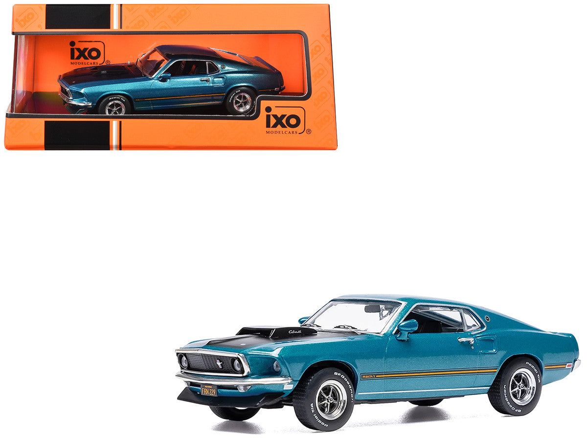 1969 Ford Mustang Mach 1 Blue Metallic with Matt Black Hood and Yellow Stripes 1/43 Diecast Model Car