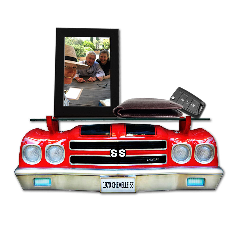 1970 Chevy Chevelle SS Floating Wall Shelf, Red with Black Stripes, LED Headlights, 19.5 x 6.7 x 6.7 inches, Tempered Glass, Classic Car Decor, Man Cave, Gifts for Car Enthusiasts