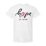 Chevy Cares Hope white t-shirt with a pink ribbon forming the letter o in hope script