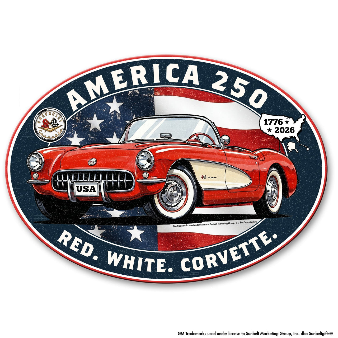 Corvette C1 "Red. White. Corvette." America 250 Oval Steel Sign – 1776 to 2026