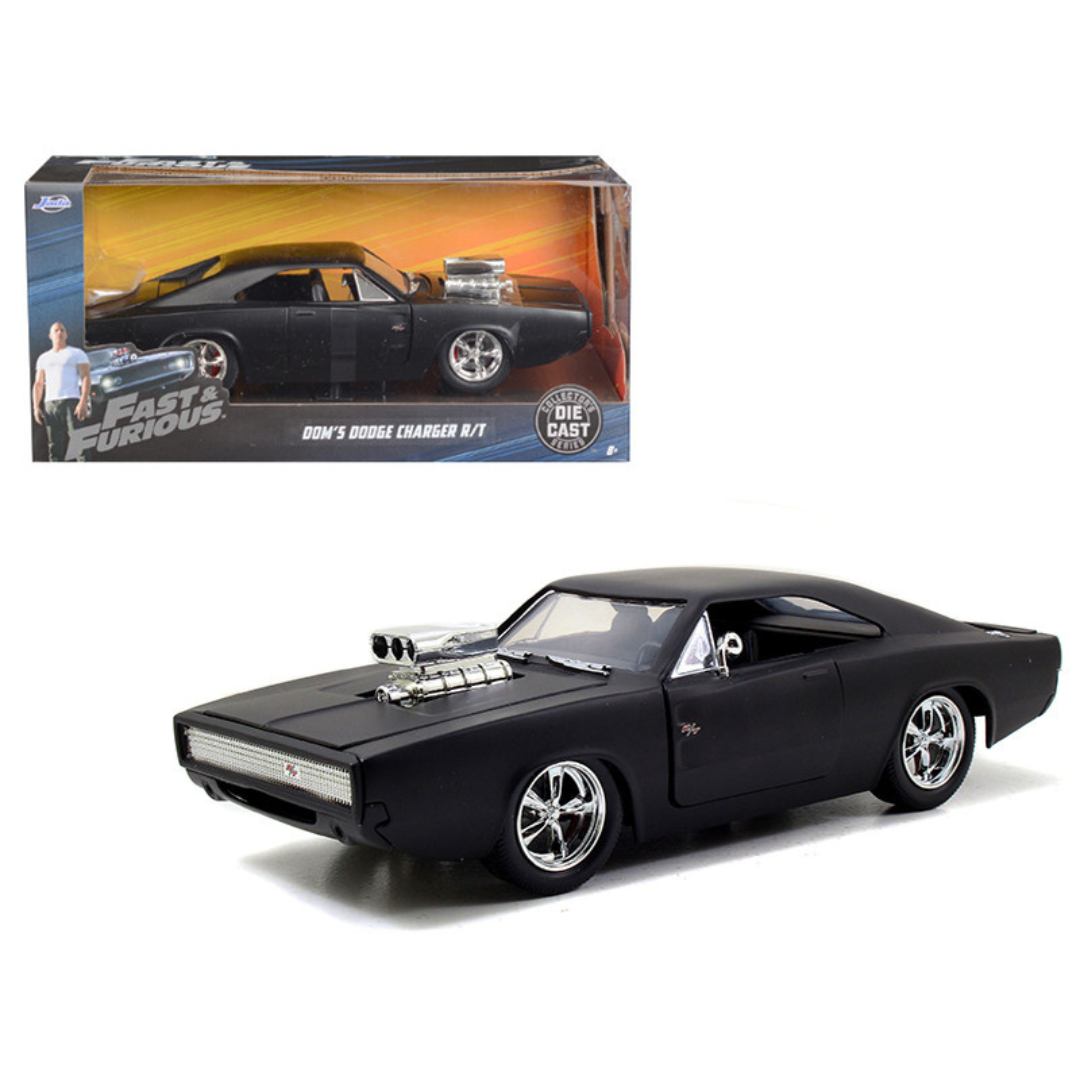 doms-1970-dodge-charger-r-t-matt-black-fast-furious-1-24-diecast-model-car-by-jada