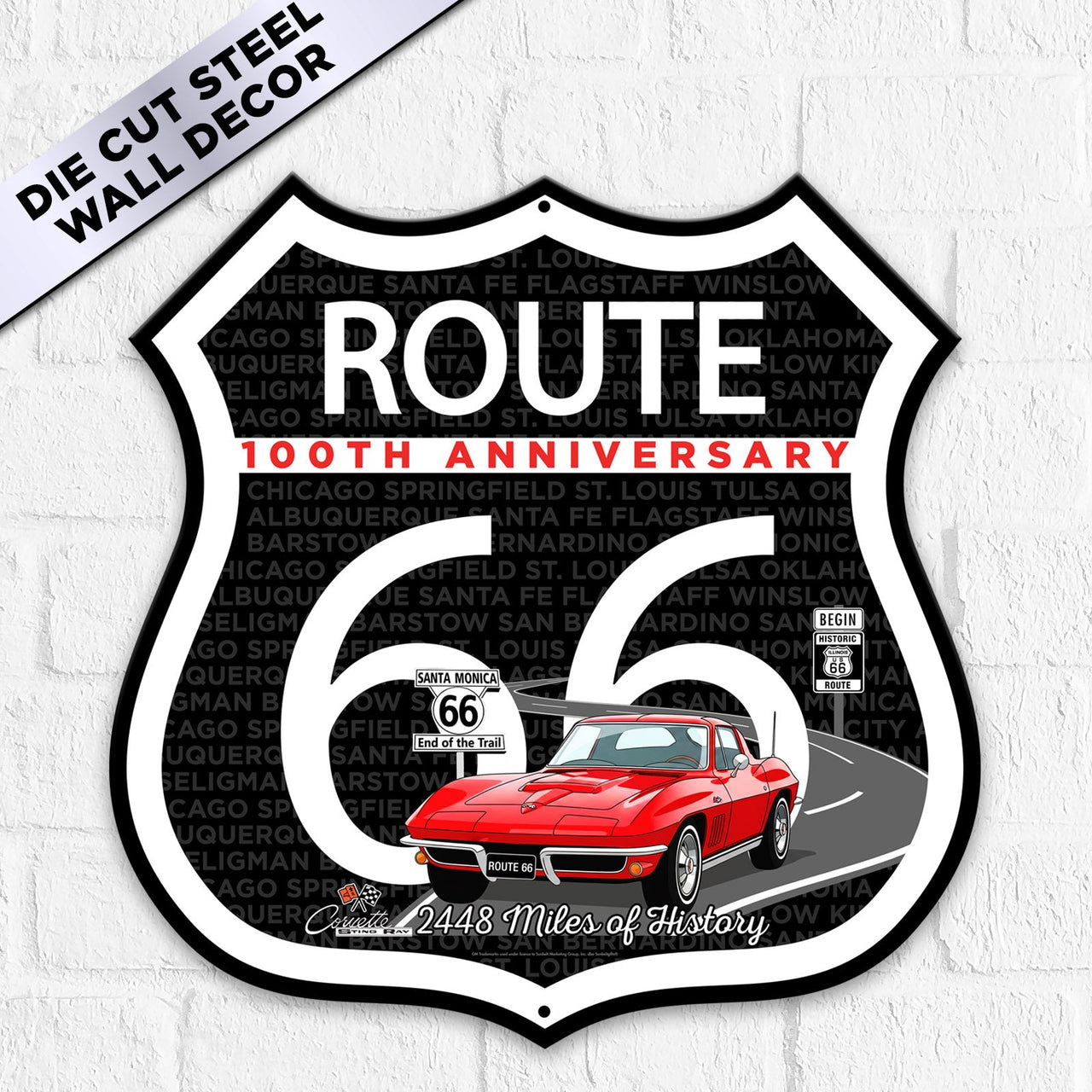 C2 Corvette Route 66 100th Anniversary Die-Cut Shield – Red Convertible Edition-Available in 2 Sizes