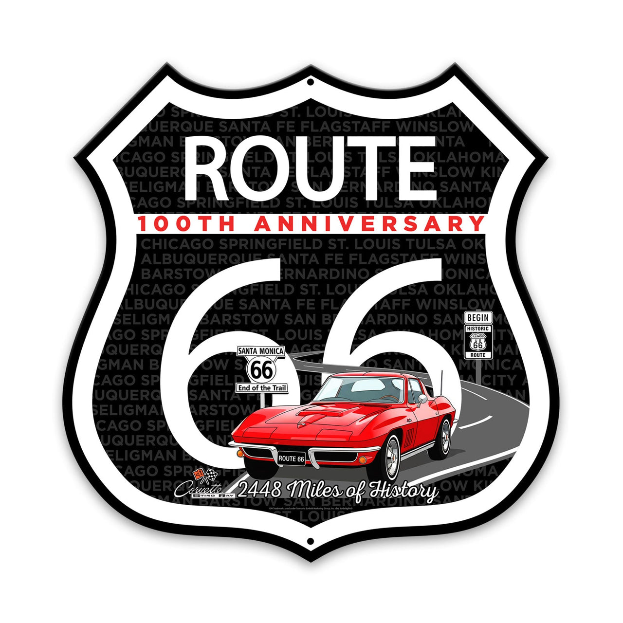 C2 Corvette Route 66 100th Anniversary Die-Cut Shield – Red Convertible Edition-Available in 2 Sizes