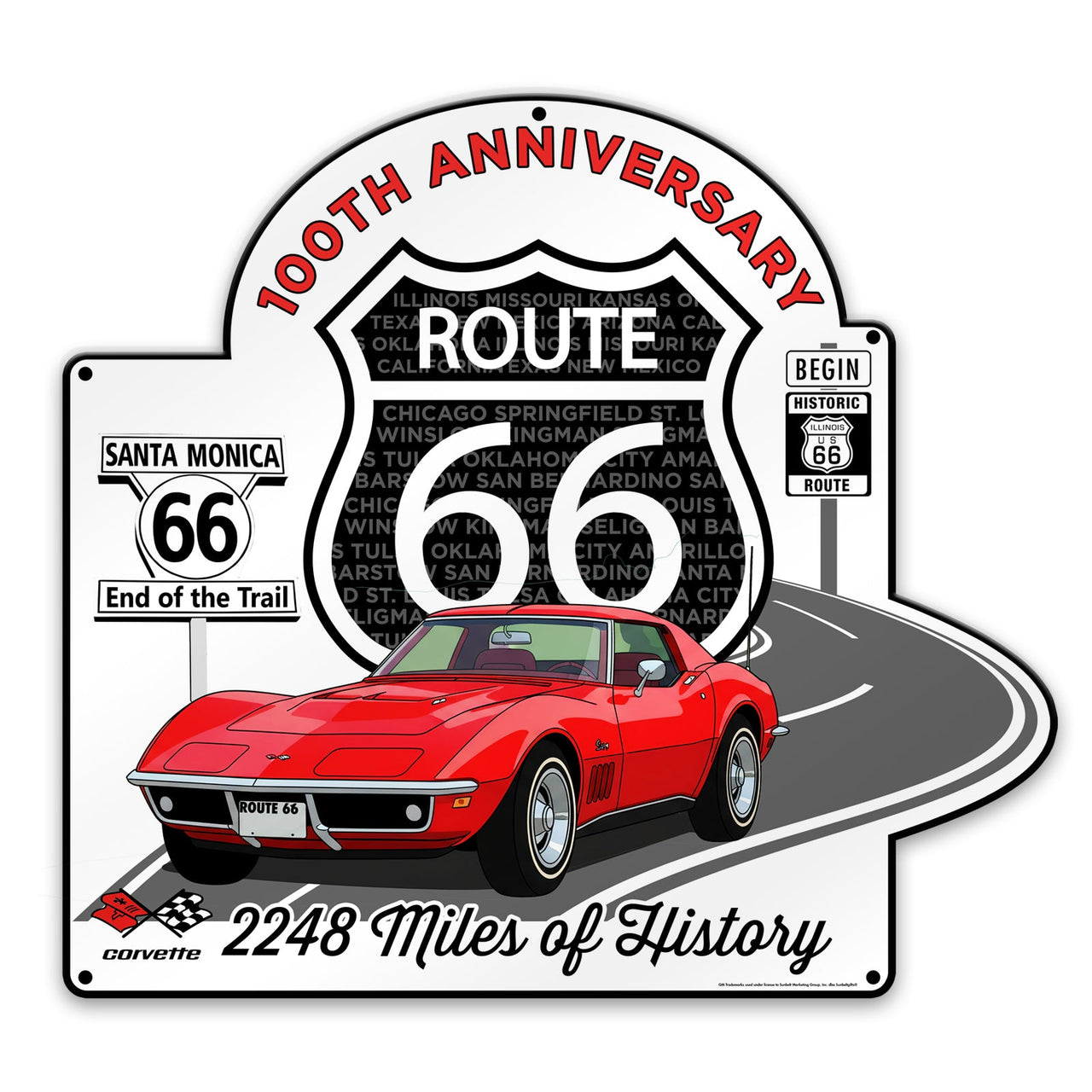 C3 Corvette Route 66 100th Anniversary Metal Sign - Legends of the Road, Available in 2 Sizes