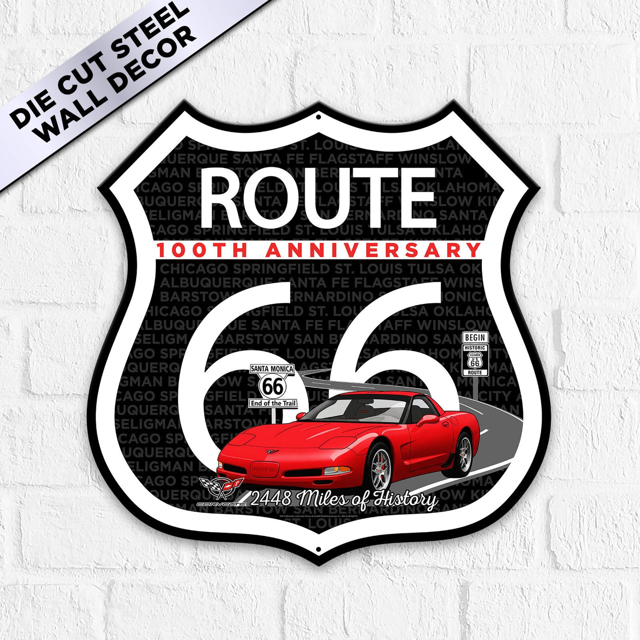 C5 Corvette Route 66 100th Anniversary Die-Cut Shield – Red Convertible Edition-Available in 2 Sizes (Copy)