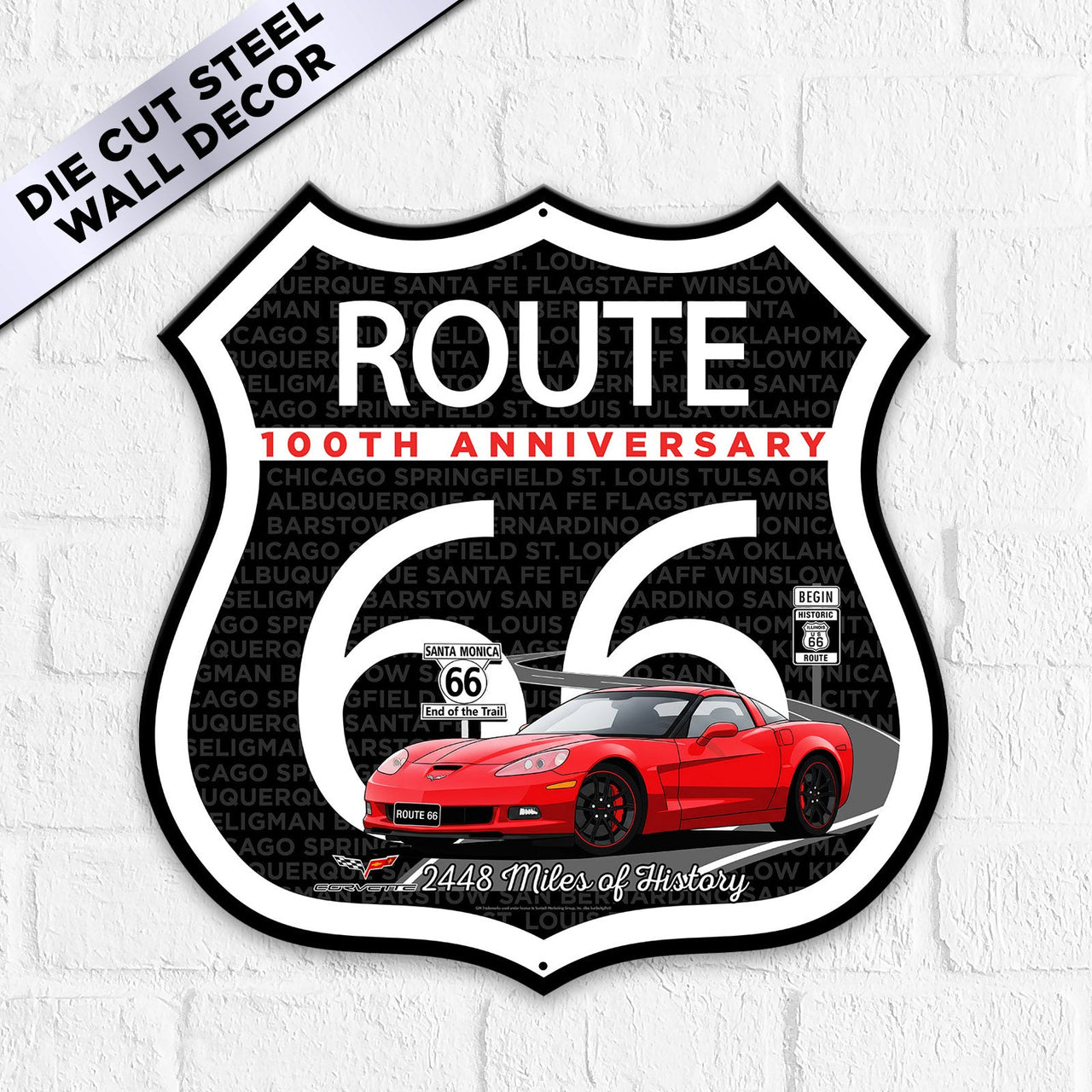 C6 Corvette Route 66 100th Anniversary Die-Cut Shield – Red Convertible Edition-Available in 2 Sizes