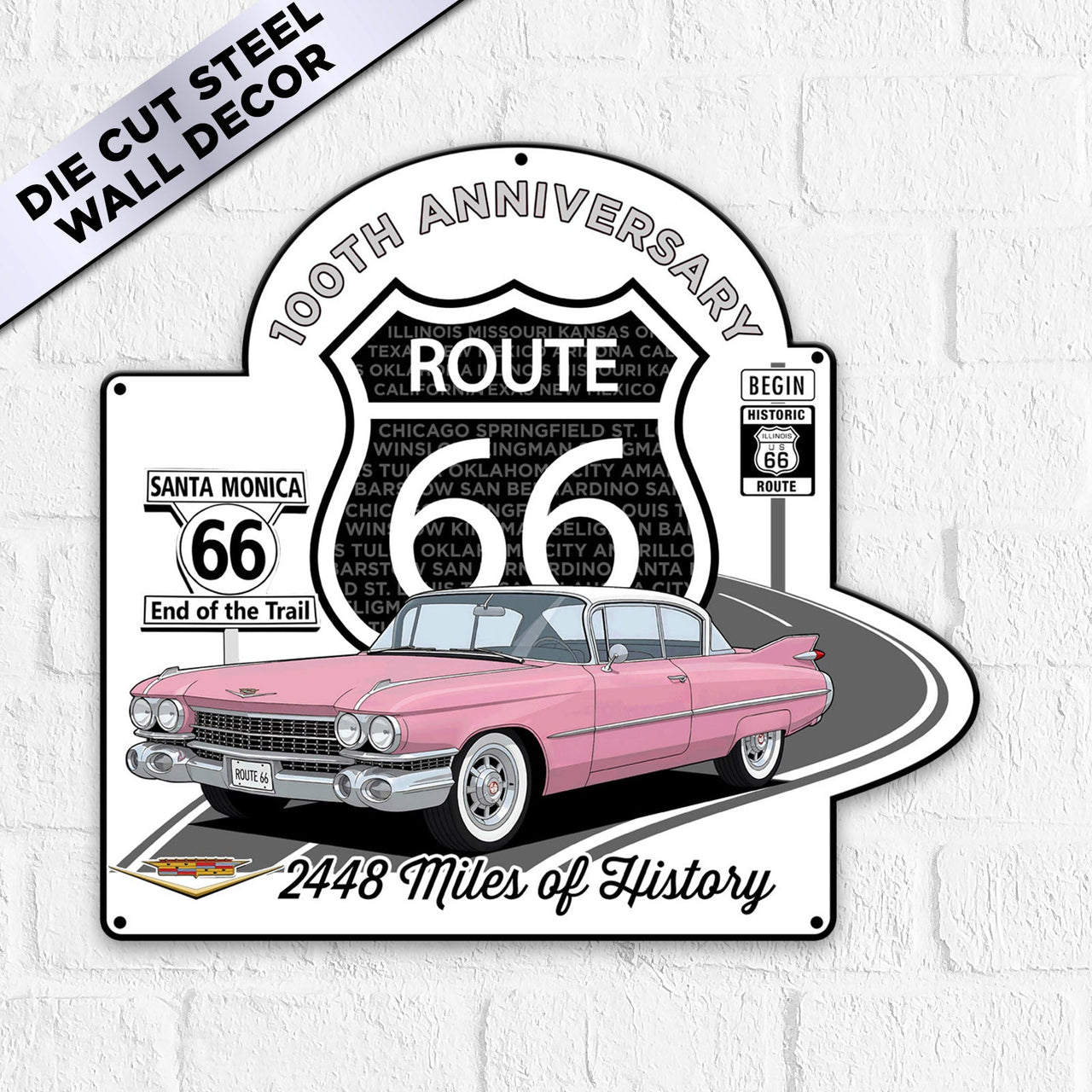 Pink Cadillac Route 66 Metal Sign – 100th Anniversary Vintage Wall Art for Car Enthusiasts