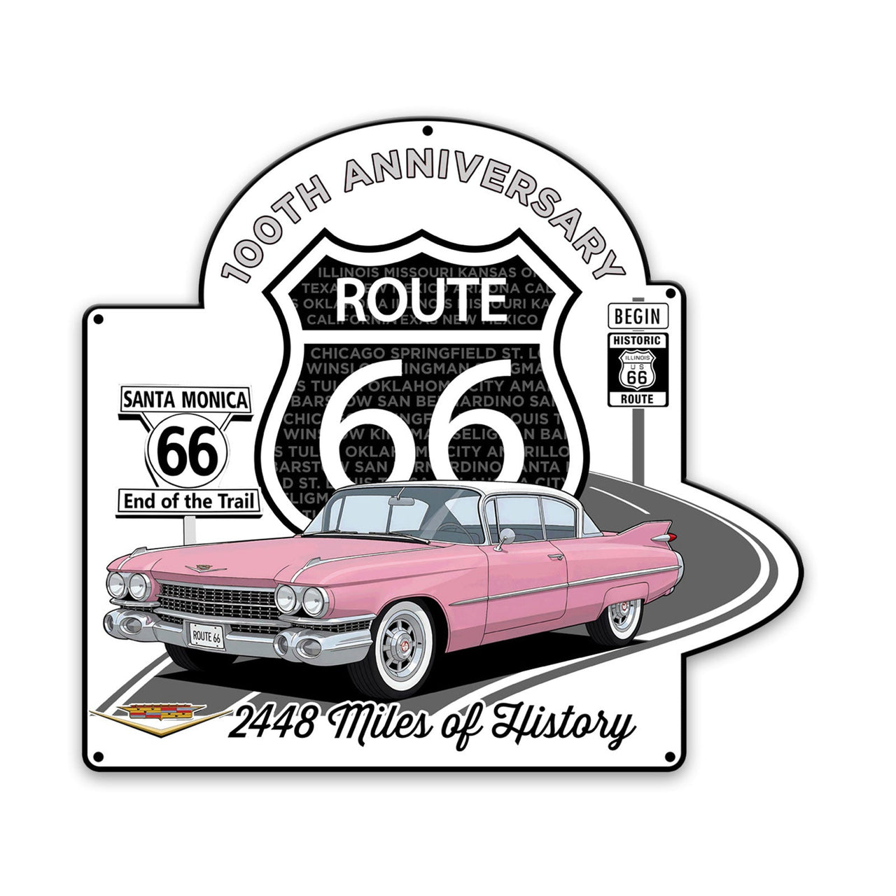 Pink Cadillac Route 66 Metal Sign – 100th Anniversary Vintage Wall Art for Car Enthusiasts