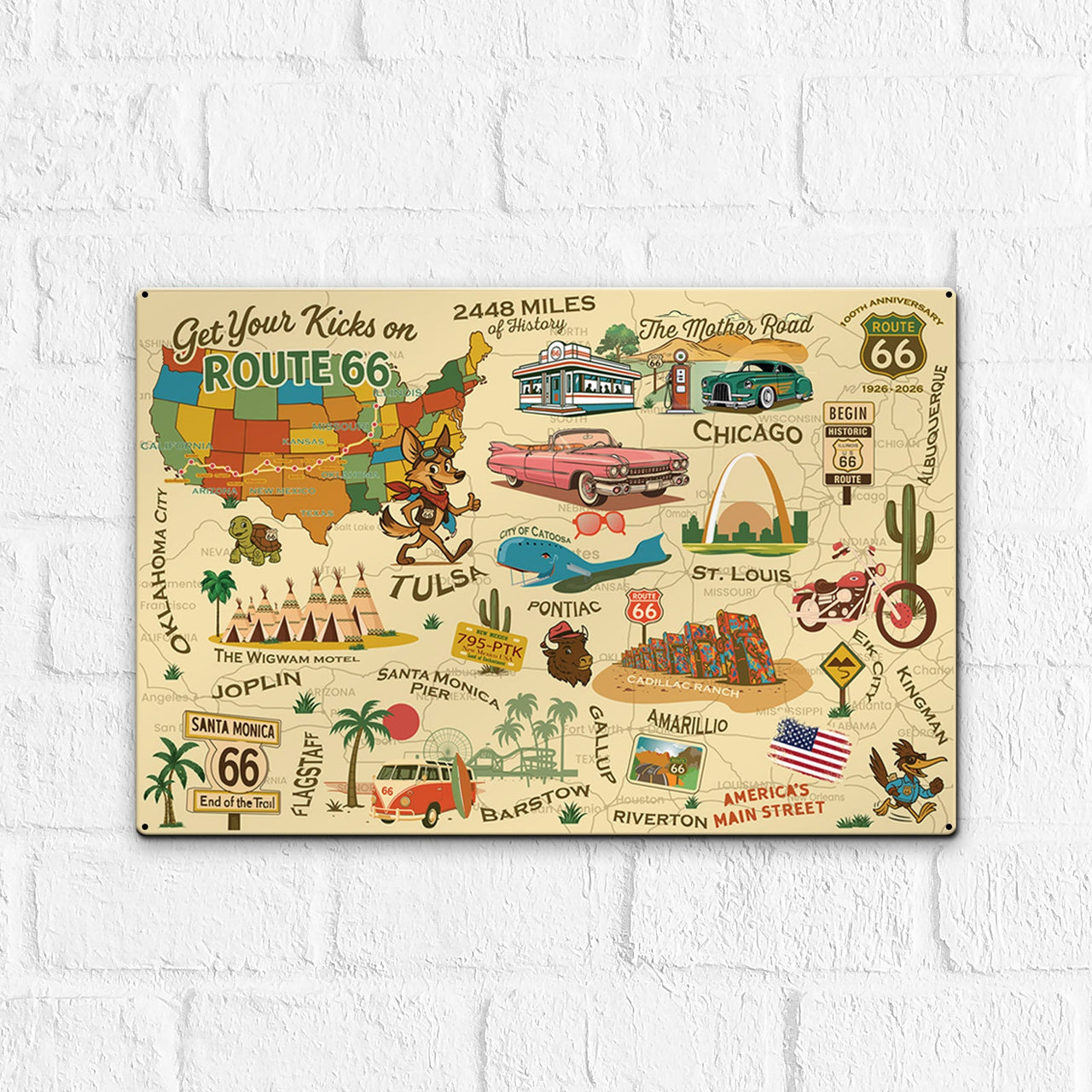Legends of Route 66  with Mascots USA Made 22 Gauge 18 x 12 Metal Wall Decor