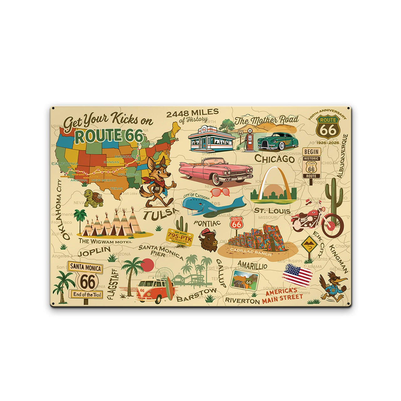 Legends of Route 66  with Mascots USA Made 22 Gauge 18 x 12 Metal Wall Decor