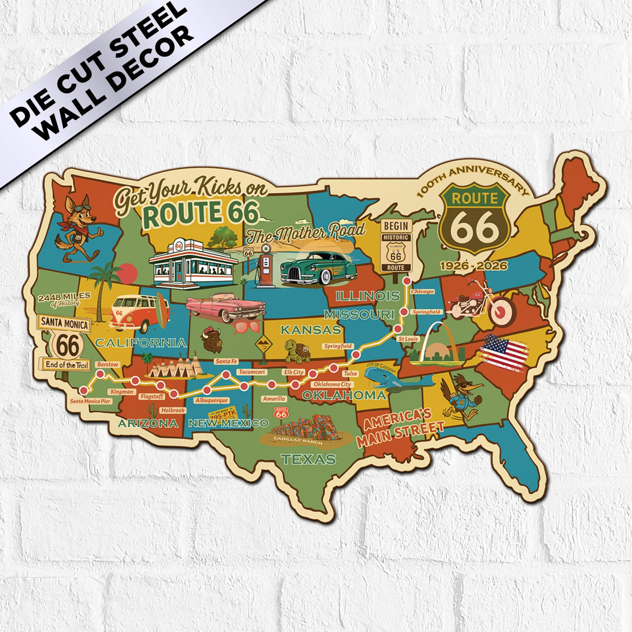 Legends of Route 66 USA Destination Map, 22 Gauge Metal Die Cut Wall Decor with Mascots