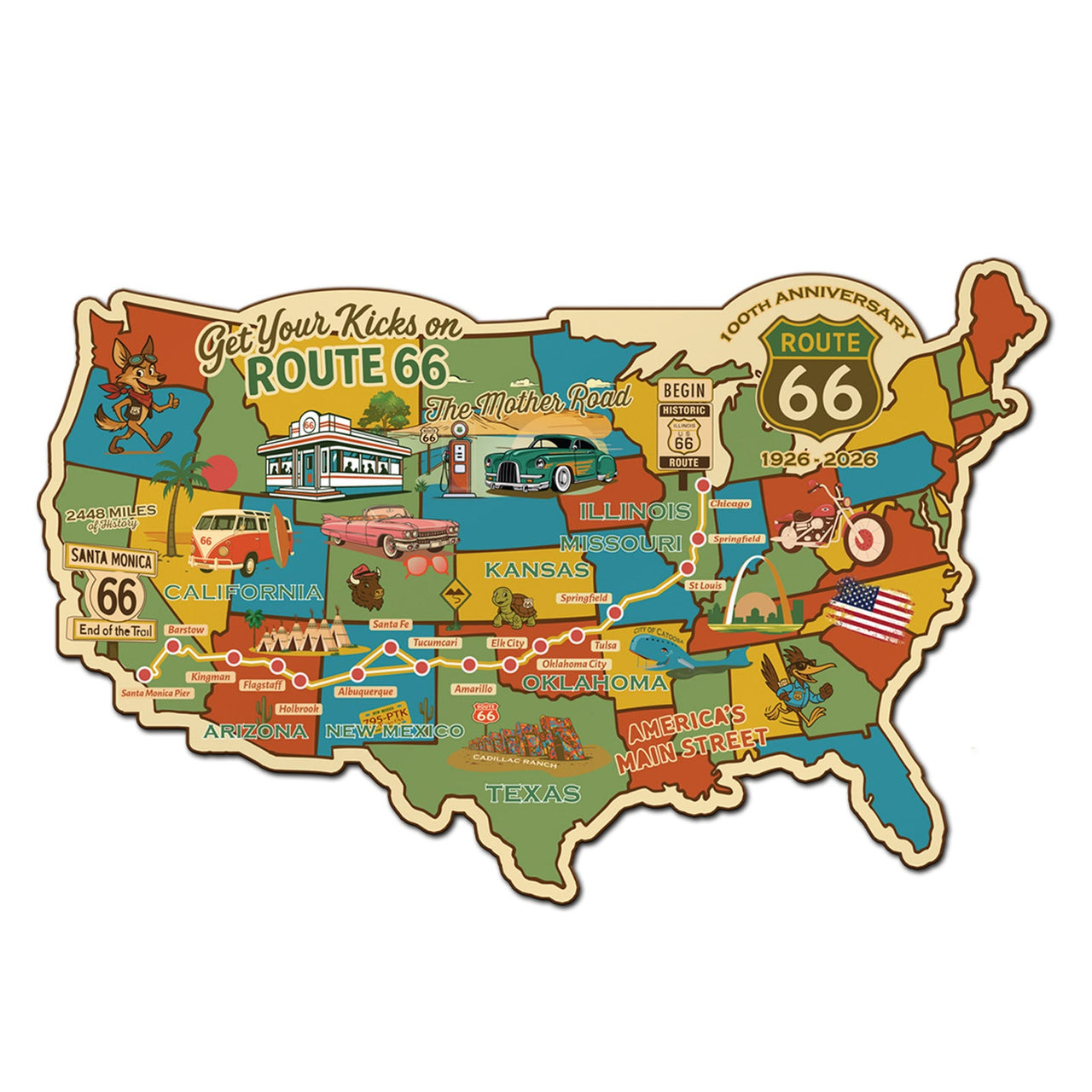 Legends of Route 66 USA Destination Map, 22 Gauge Metal Die Cut Wall Decor with Mascots
