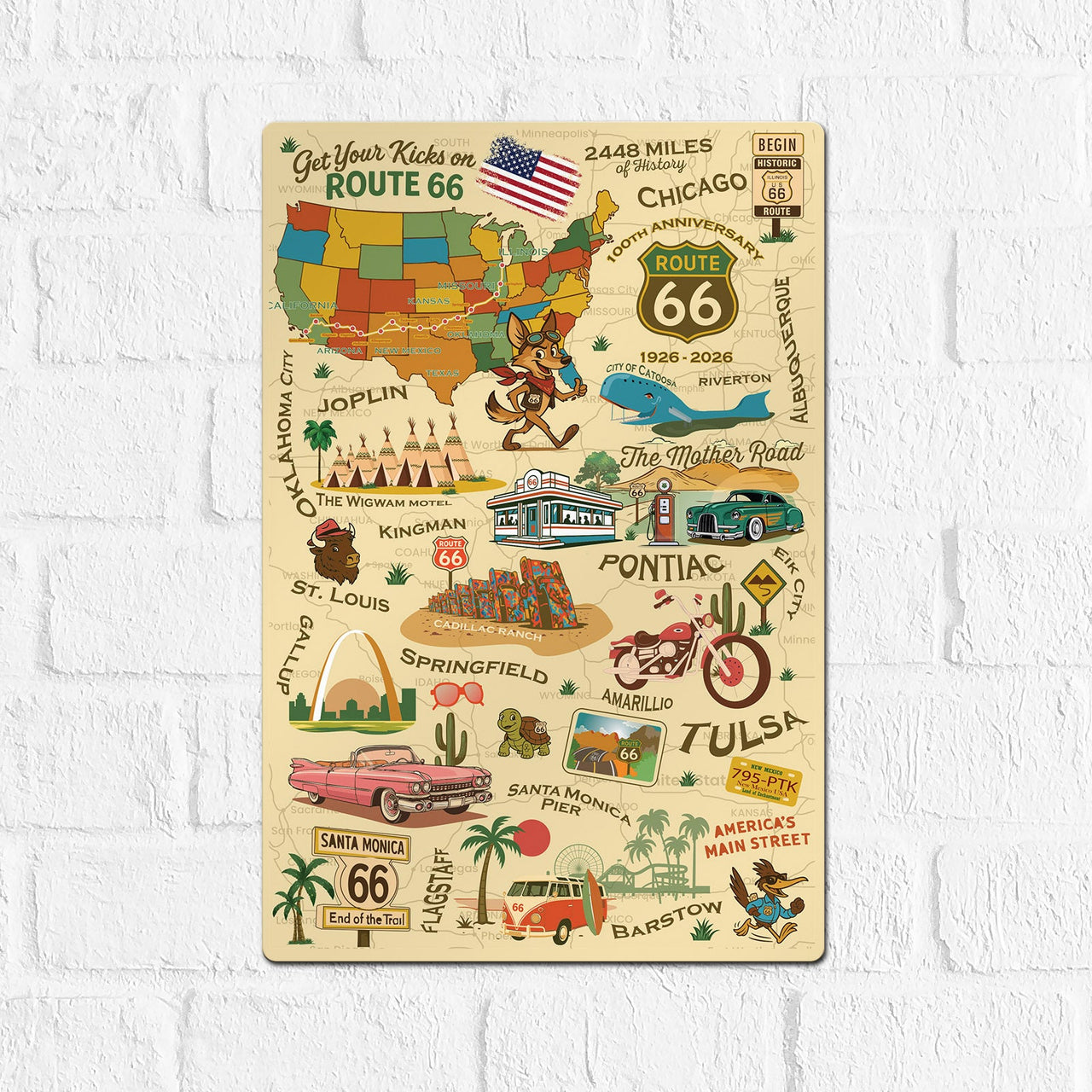 Legends of Route 66  with Mascots USA Made 22 Gauge 12 x 18 Metal Wall Decor