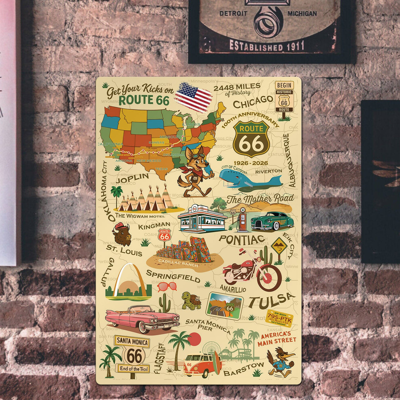 Legends of Route 66  with Mascots USA Made 22 Gauge 12 x 18 Metal Wall Decor