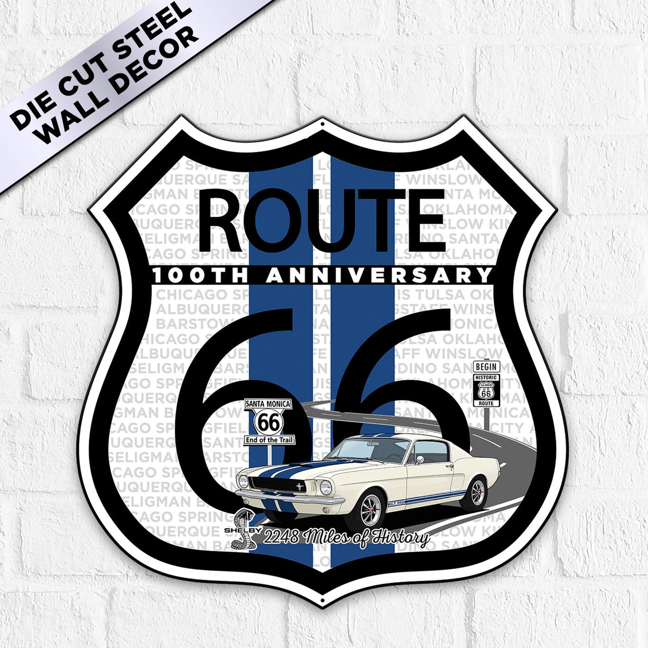 Route 66 100th Anniversary Die-Cut Shield Metal Sign, Blue Stripe