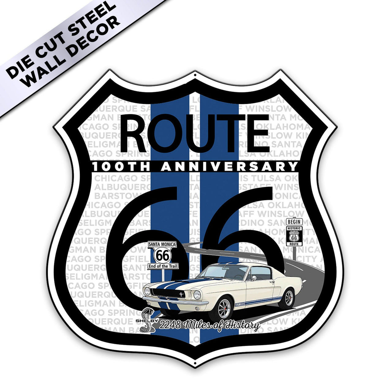 Route 66 100th Anniversary Die-Cut Shield Metal Sign, Blue Stripe