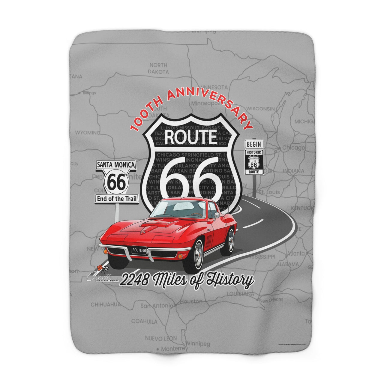 C2 Corvette Route 66 100th Anniversary Sherpa Blanket – Legends of the Road (50" x 60"), Perfect for the Corvette Fan