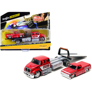 international-durastar-flatbed-truck-and-1987-chevrolet-1500-pickup-truck-with-bed-cover-1-64-diecast