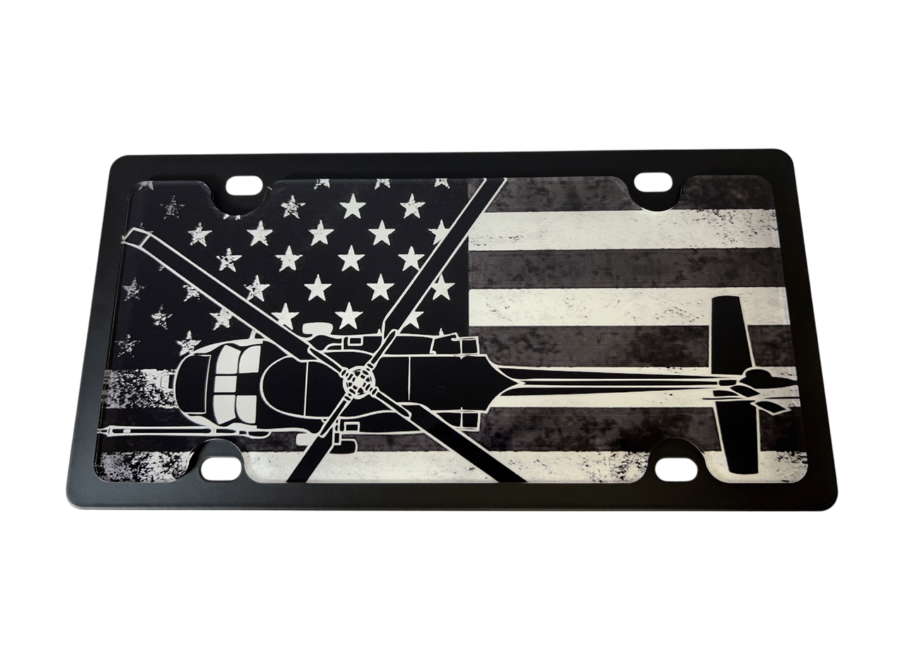 Blacked Out USA Flag Black Hawk Carbon Steel License Plate