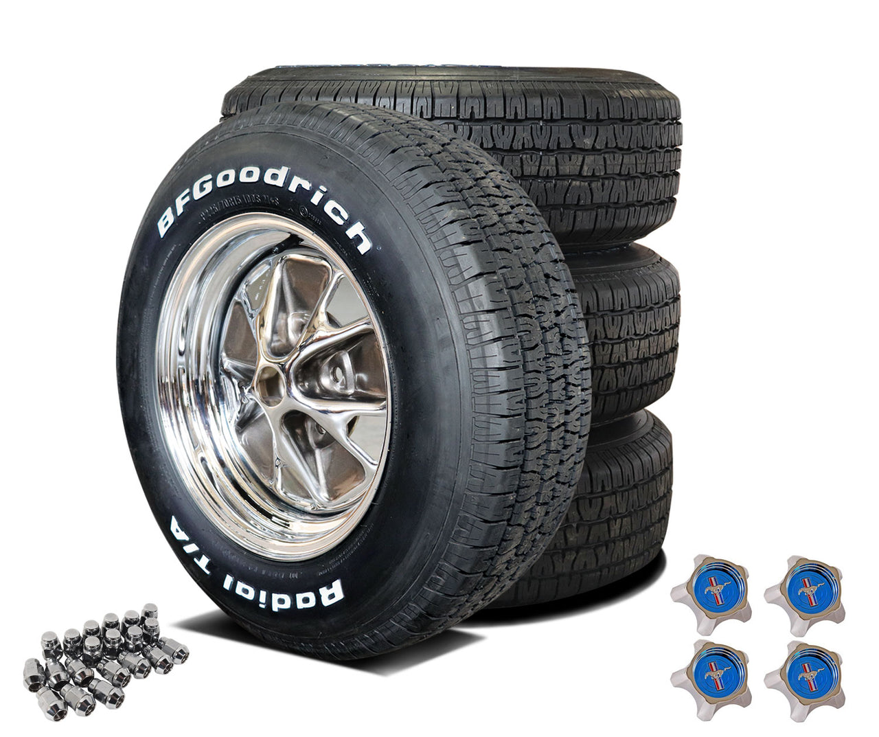 1965-1967 Mustang 15x7 Styled Steel Wheel/Tire Package W/Radial TAs - Charcoal Windows W/Blue Caps - CA-MA10219-Classic-Auto-Store-Online