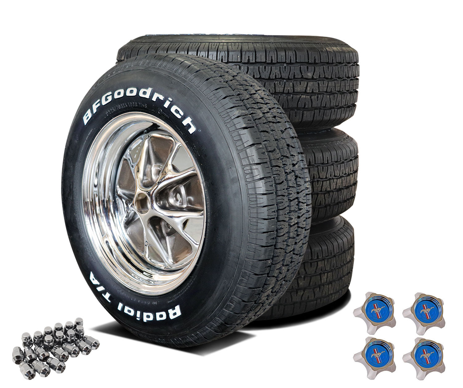 1965-1967 Mustang 15x7 Styled Steel Wheel/Tire Package W/Radial TAs - Charcoal Windows W/Blue Caps - CA-MA10219-Classic-Auto-Store-Online