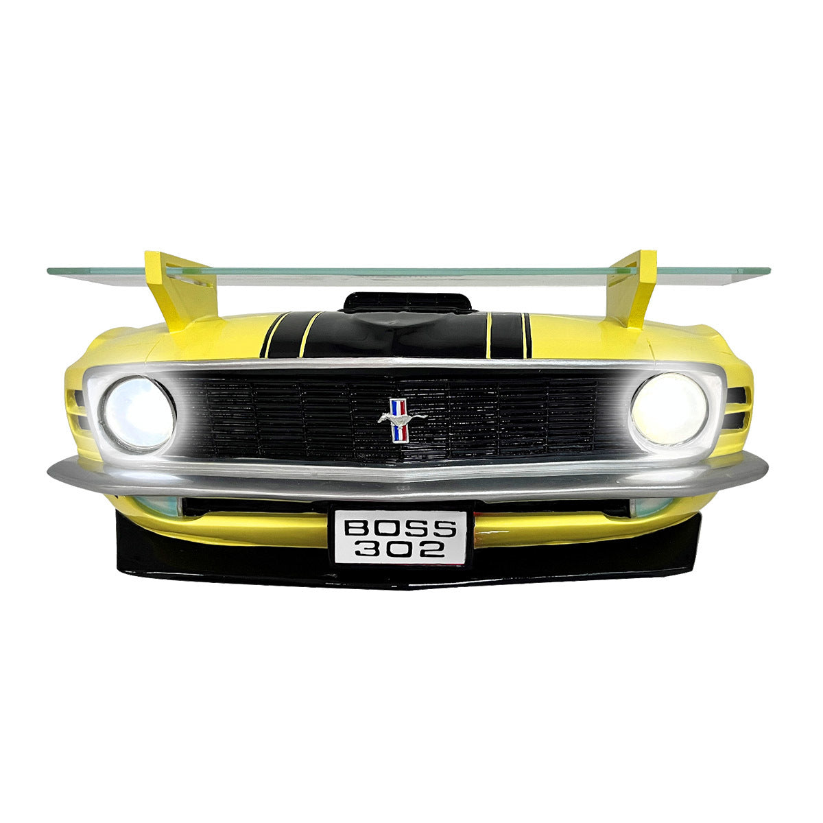 1970 Ford Boss 302 Mustang Front End Polyresin Floating Wall Shelf, Yellow and Black, Working LED Lights