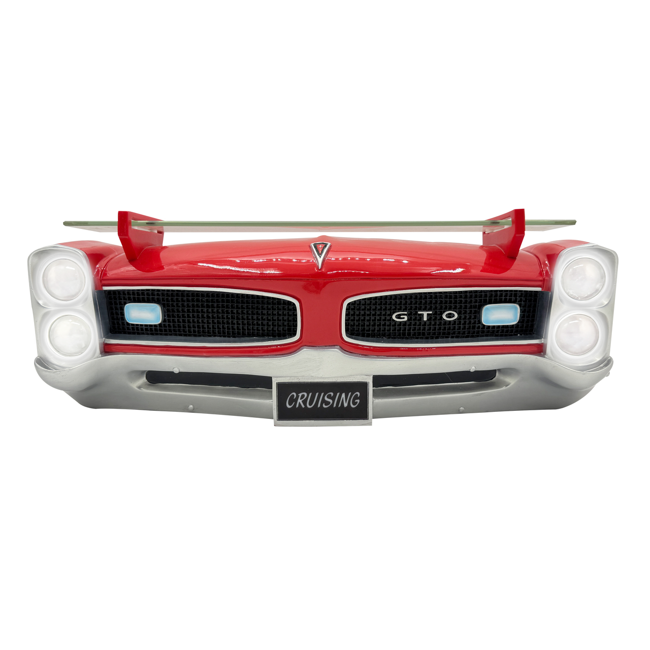 1966 Pontiac GTO Floating Wall Shelf, Red, 19.5x6.5x8 inches, Tempered Glass, Battery Operated LED Headlights