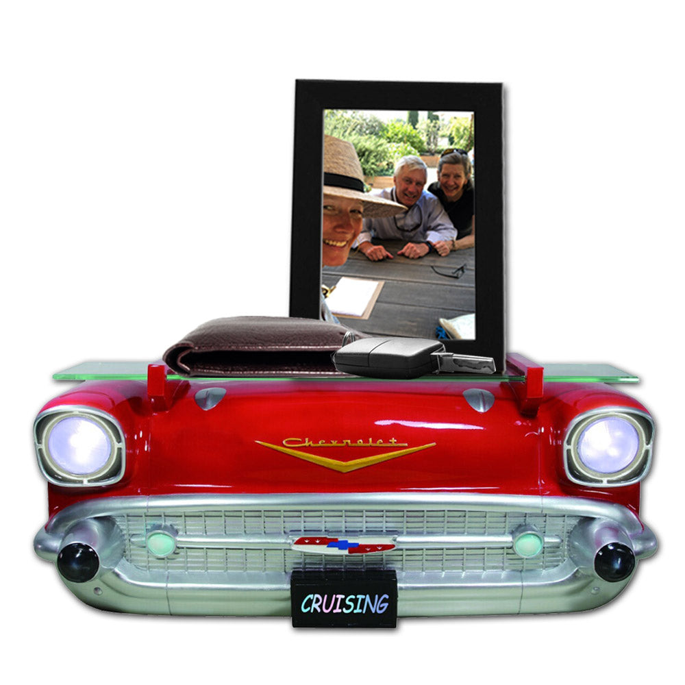 1957 Chevy Bel Air Wall Shelf, Floating Shelf, Red, 20x6.1x8 inches, Tempered Glass, LED Headlights, Battery Operated