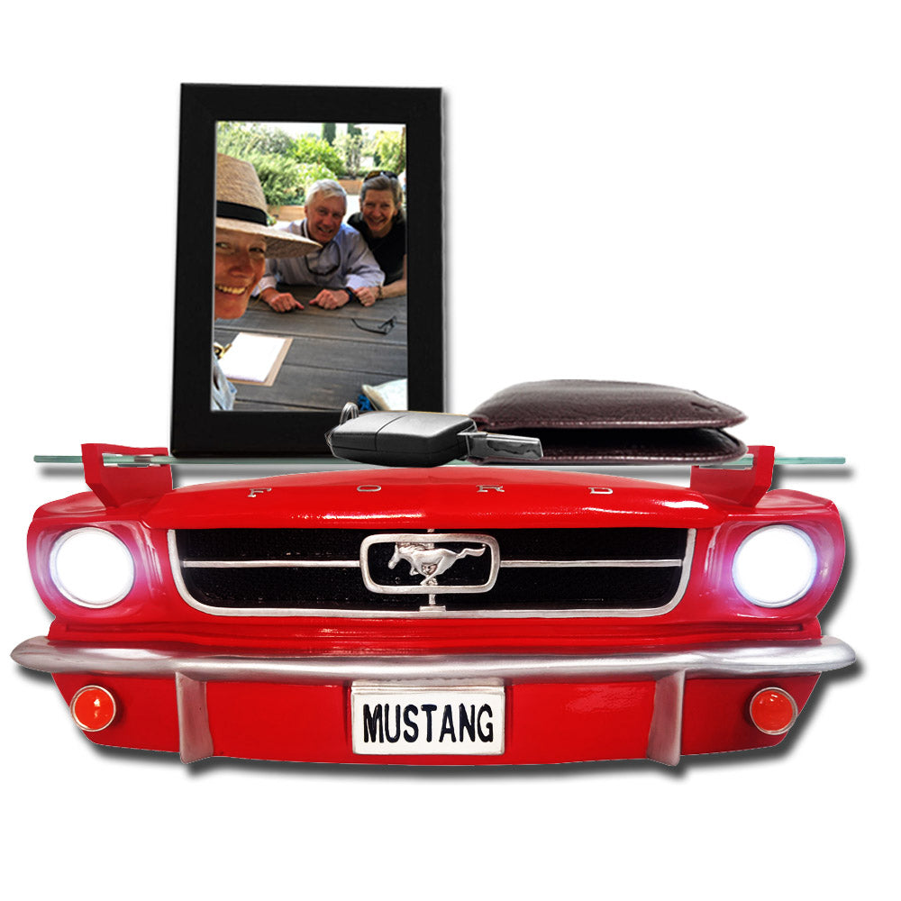 1964.5 Ford Mustang Floating Wall Shelf, Red, 19.5x7.9x5.9 inches, Battery Operated LED Headlights