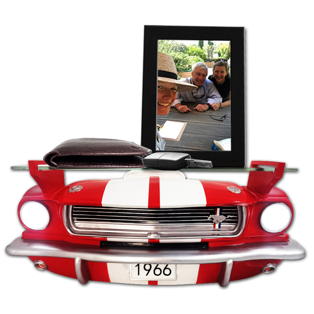 1966 Carroll Shelby GT350 Floating Shelf, Red with White Stripes, 19.7x5.9x7.9 inches, Tempered Glass, LED Headlights